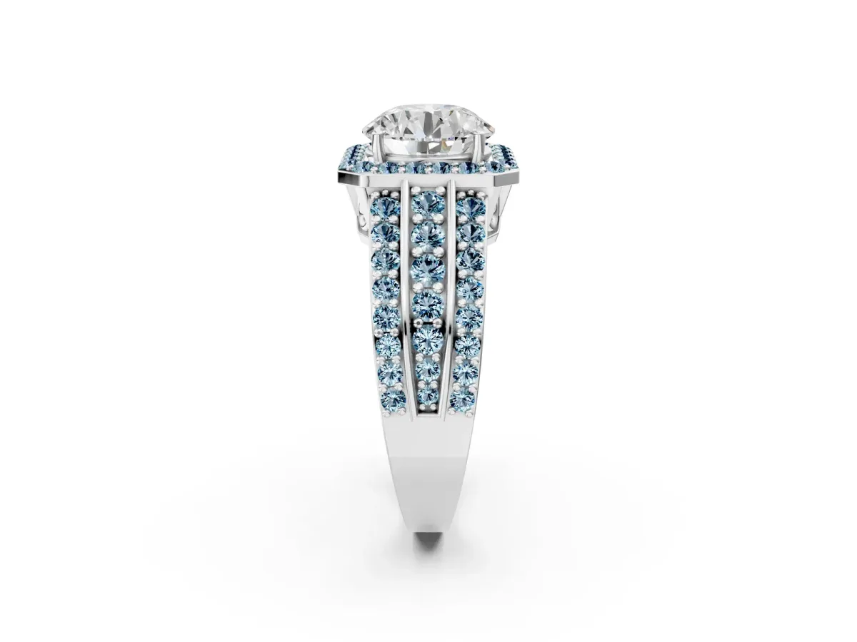 Round Cut Halo Diamond Ring with Round Aquamarine Split Shank and Prong Setting Platinum