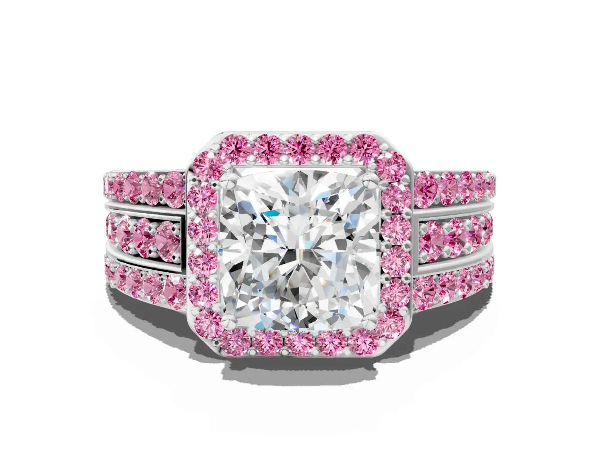 Cushion Cut Halo Diamond Ring with Round Pink Sapphire Split Shank and Prong Setting Silver