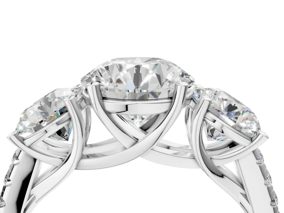 Three-Stone Round Cut Diamond Ring with Round Moissanite Pavé Band and Prong Setting Silver