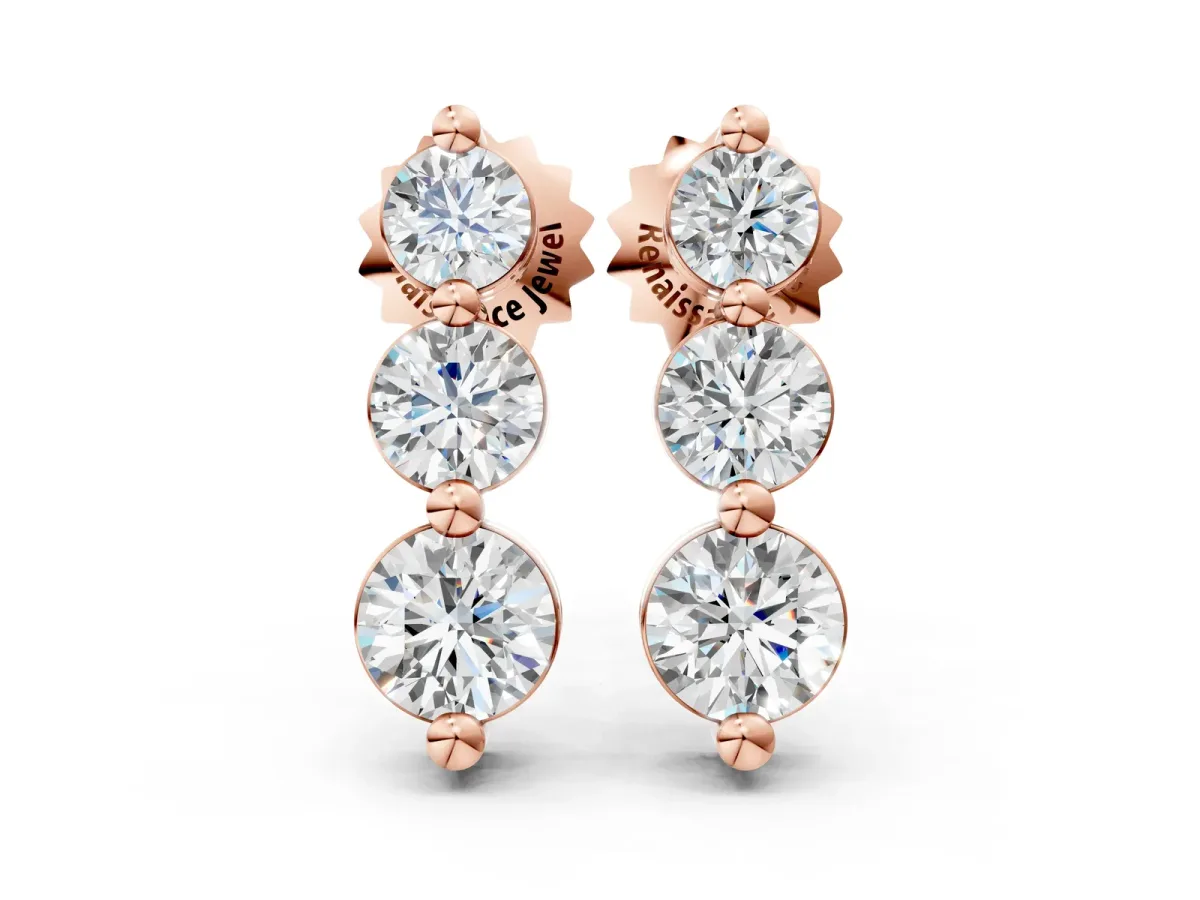 Three-Stone Round Diamond Drop Earrings with Prong Setting on White Gold Rose gold