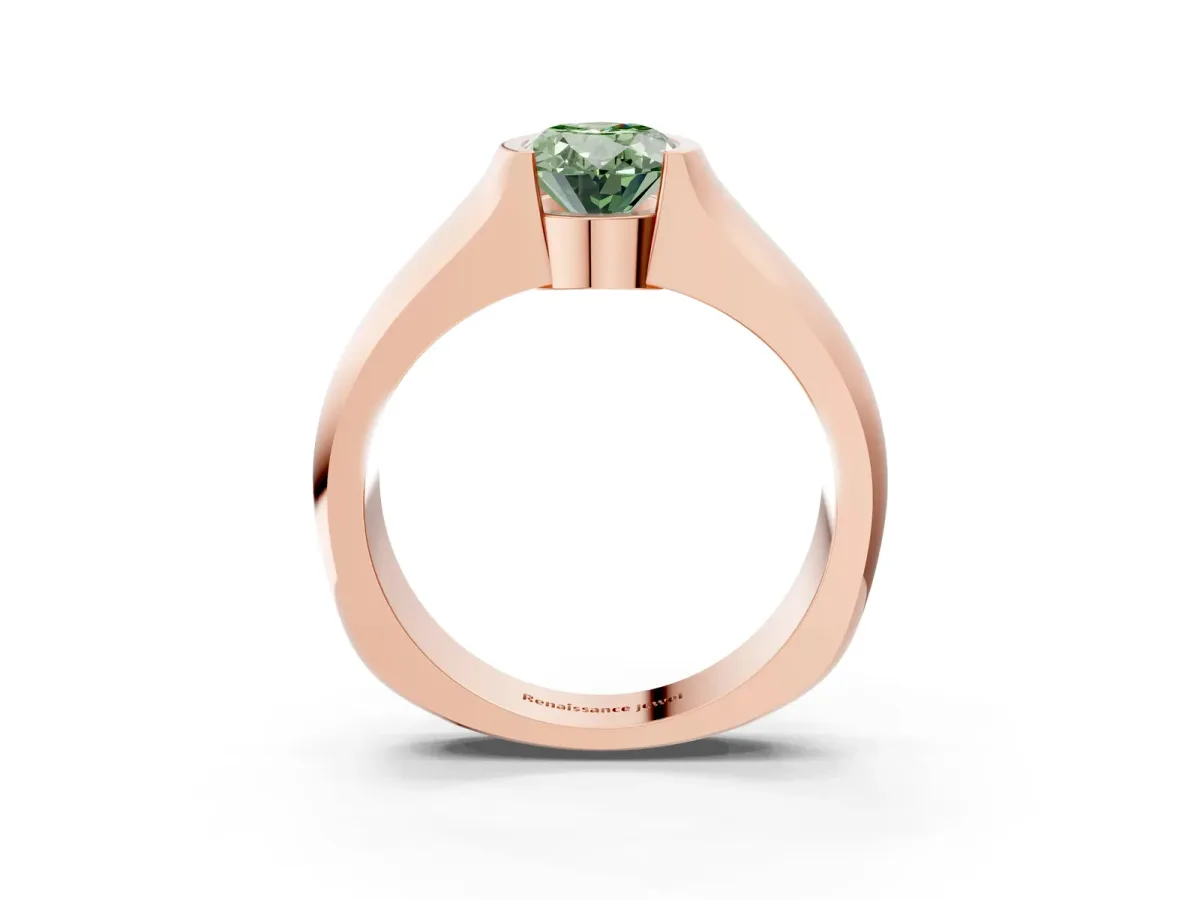 Fancy Green Oval Cut Solitaire Bezel Set Diamond Ring with Wide Band Rose gold