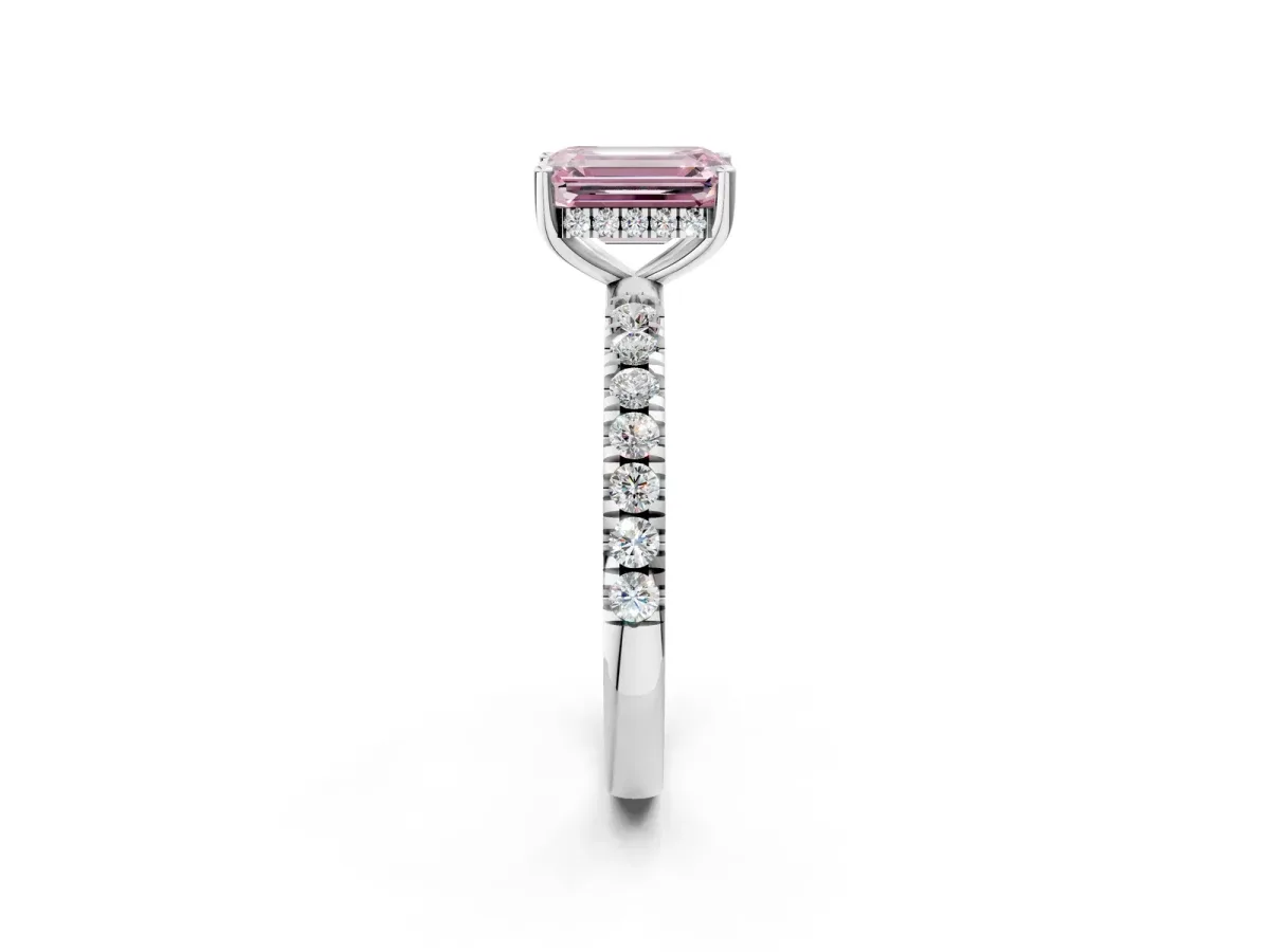 Fancy Pink Emerald Cut Diamond Pave Band Solitaire Ring with Round and Prong Setting Silver