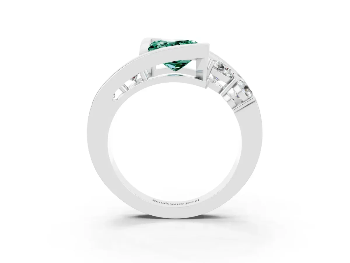 Bezel Set Princess Cut Green Sapphire Bypass Ring with Round Accents Silver