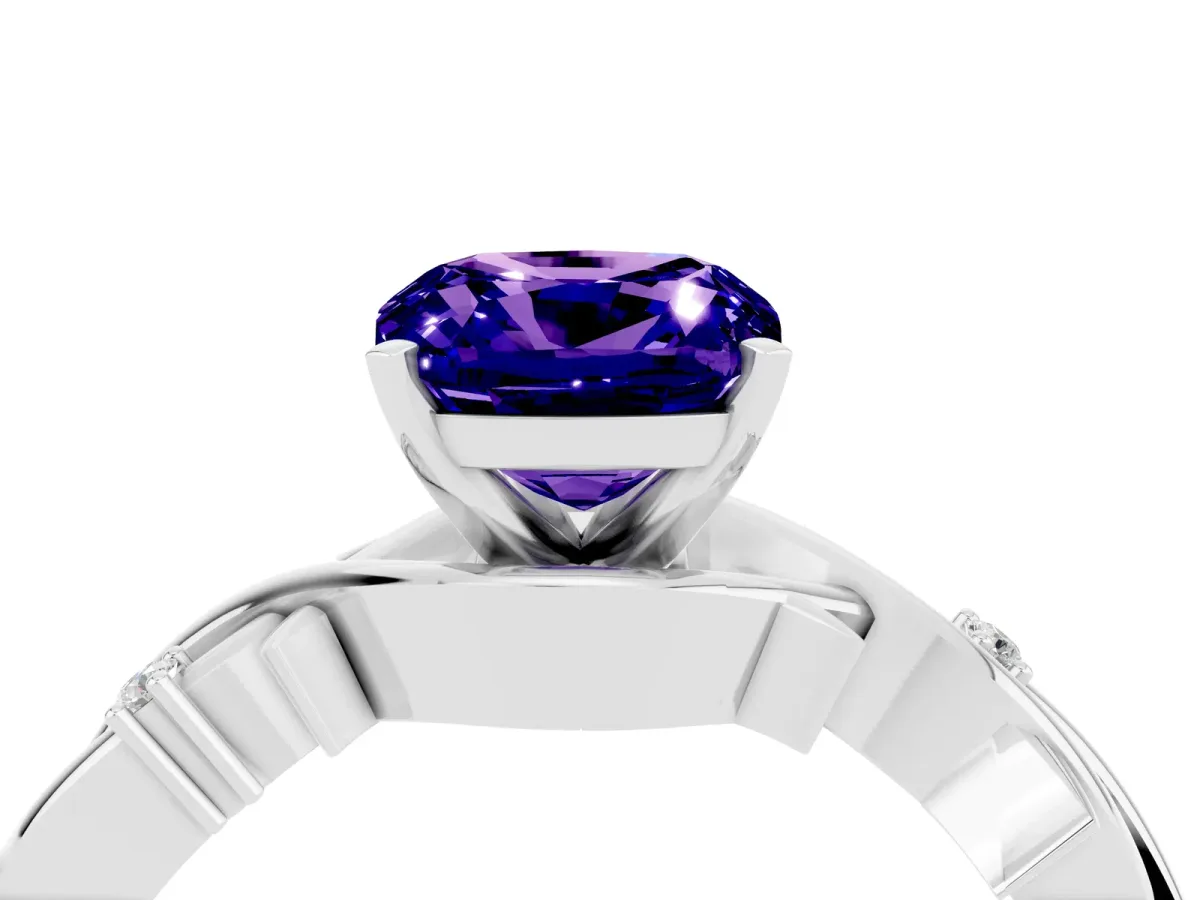 Cushion Cut Tanzanite Solitaire Ring with Twisted Band and Prong Setting Silver