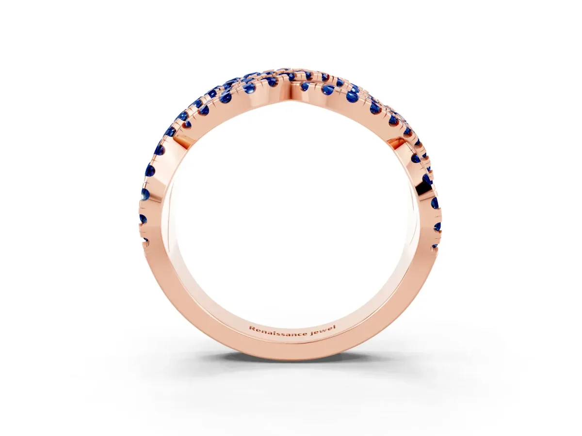 Pavé Round Blue Sapphire Infinity Twist Band with Shared Prong Setting Rose gold