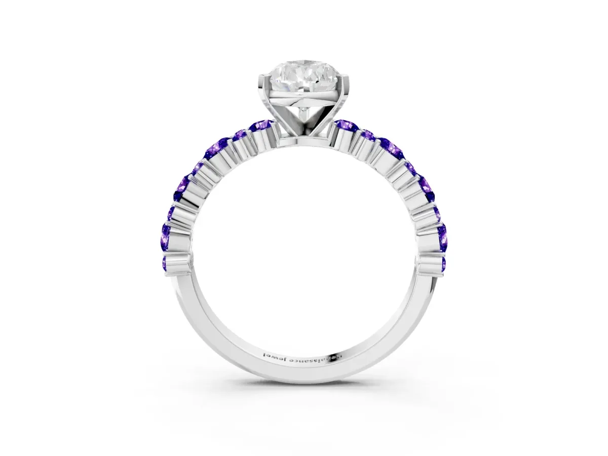 Pear Cut Diamond Side Stone Solitaire Ring with Round Tanzanite and Four-Prong Setting Silver