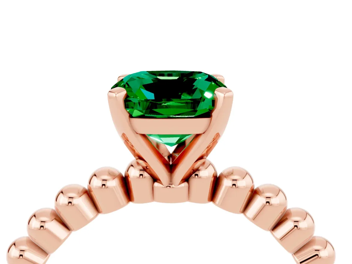 Cushion Cut Emerald Solitaire Ring with Beaded Band and Prong Setting Rose gold