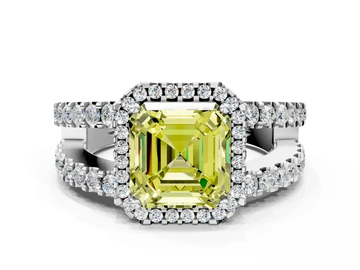 Fancy Yellow Asscher Cut Cut Halo Split Shank Diamond Ring with Four-Prong Setting Platinum