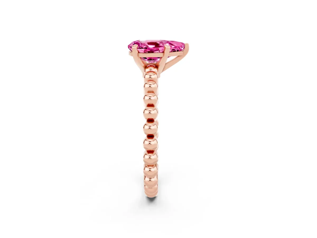 Pear Cut Pink Sapphire Solitaire Ring with Beaded Band and Prong Setting Rose gold