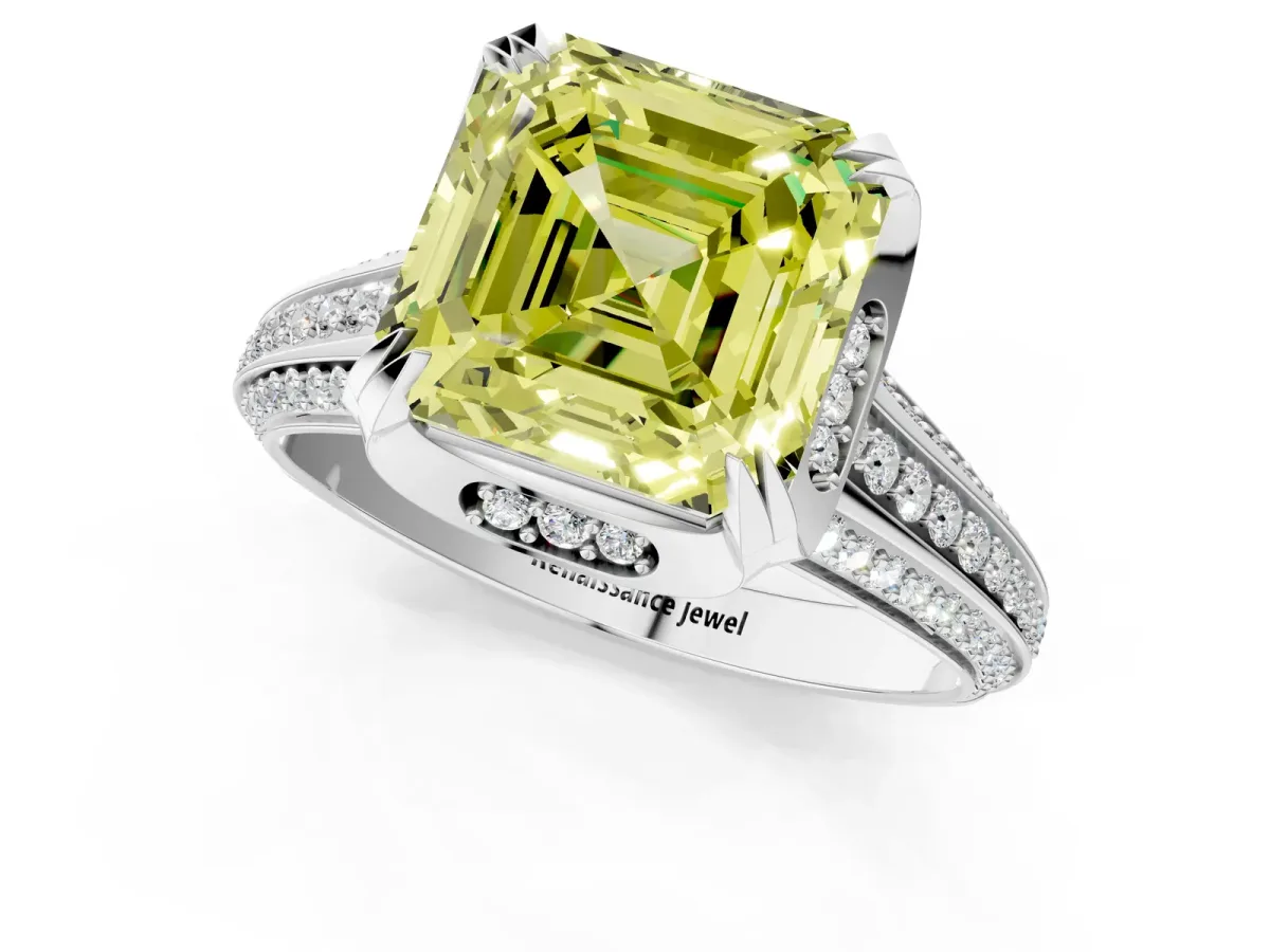 Fancy Yellow Asscher Cut Solitaire Pave Split Shank Ring with Four-Prong Setting Platinum
