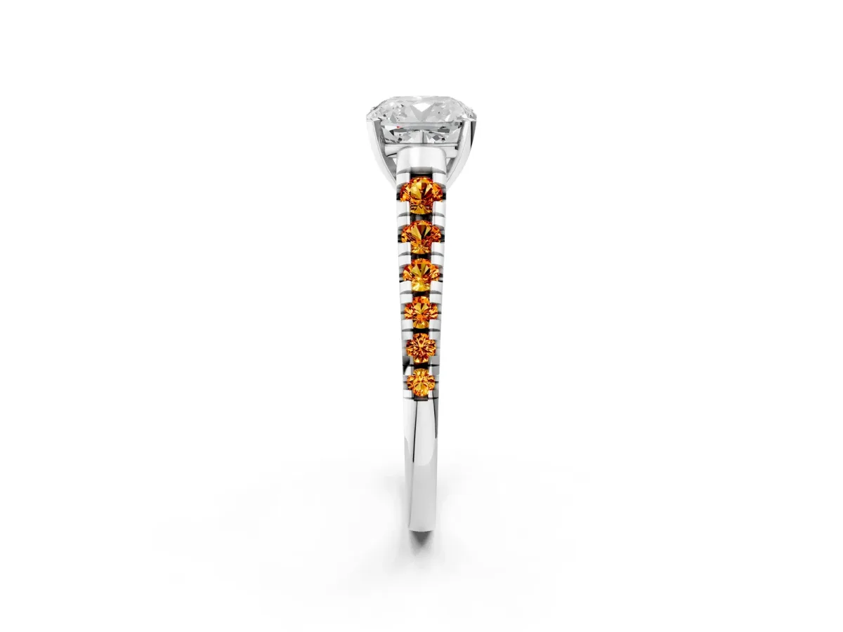 Cushion Cut Diamond Cathedral Solitaire Ring with Round Citrine Pavé Band Silver