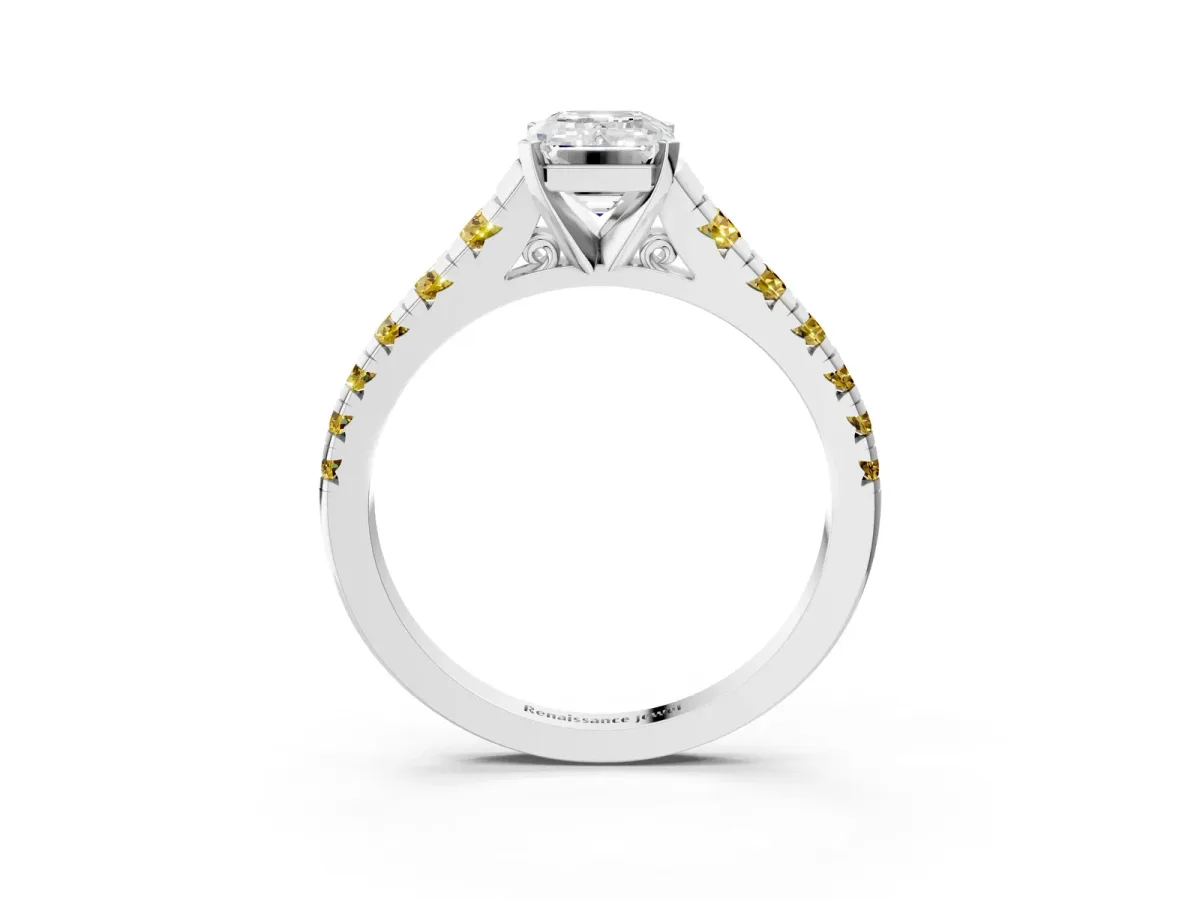 Emerald Cut Diamond Cathedral Solitaire Ring with Round Yellow Sapphire Pavé Band Silver