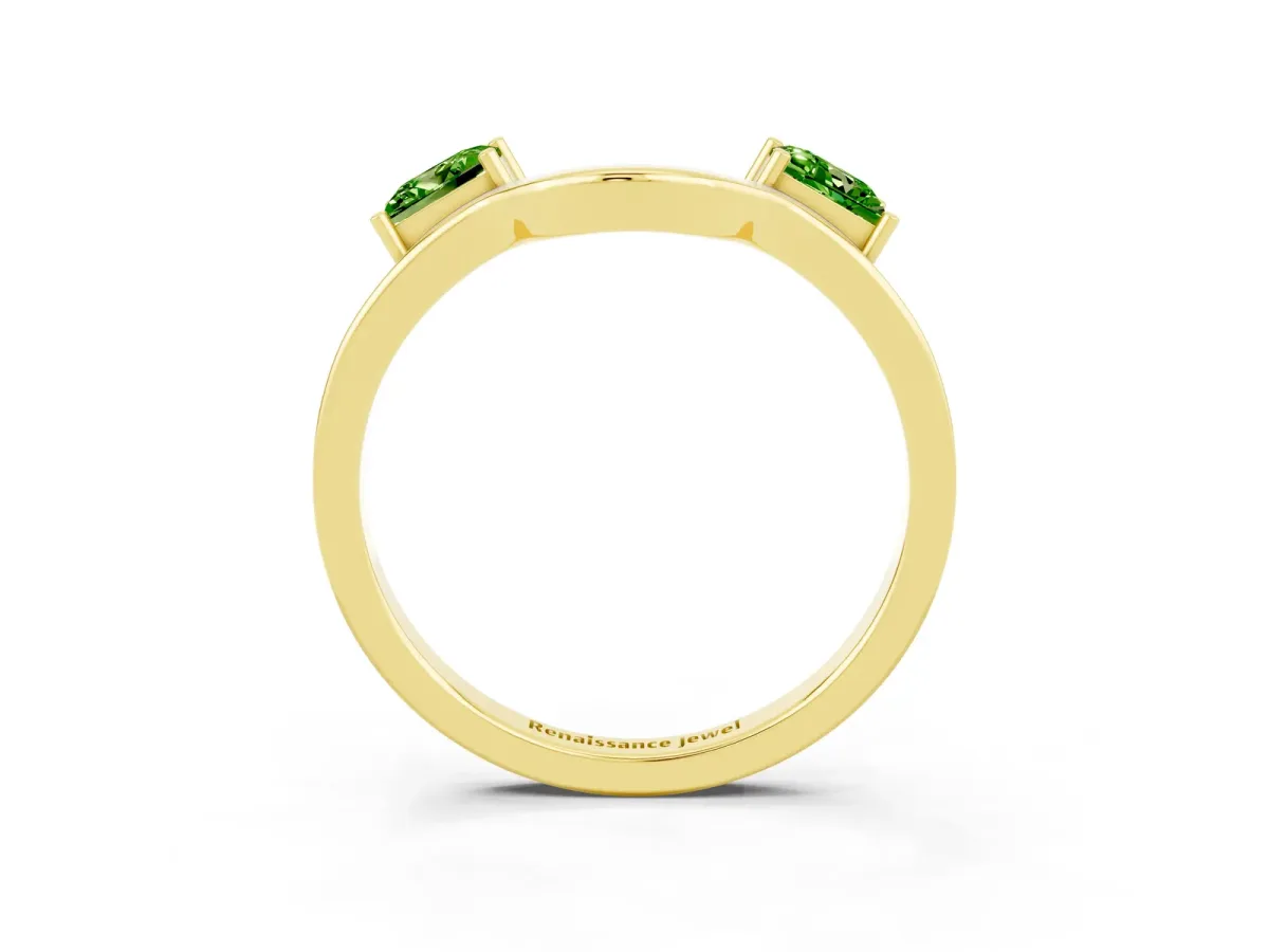 Princess Cut Peridot Two-Stone Open Band Ring with Four-Prong Setting Yellow gold