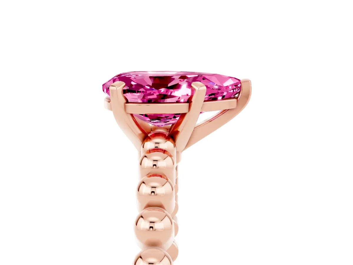 Pear Cut Pink Sapphire Solitaire Ring with Beaded Band and Prong Setting Rose gold