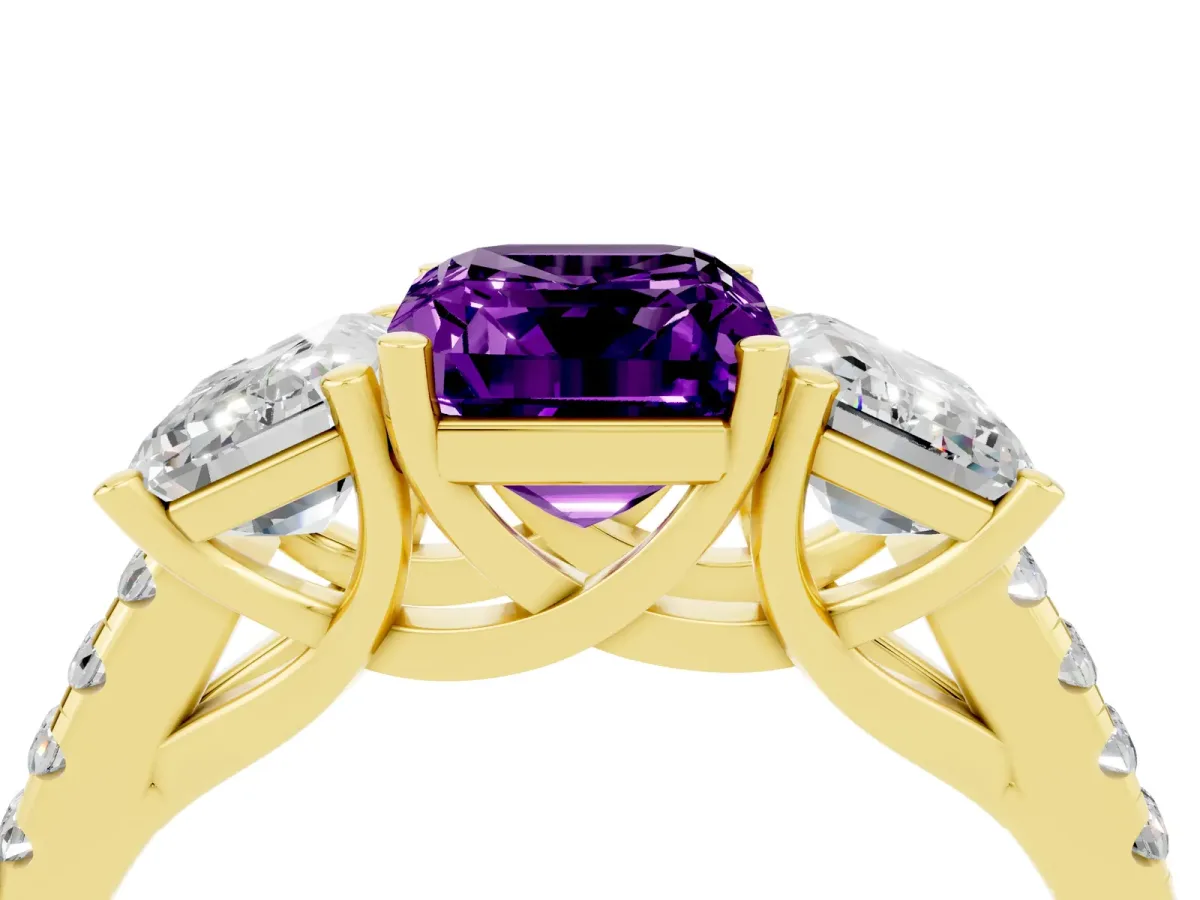 Three-Stone Emerald Cut Amethyst Ring with Round Pavé Band and Prong Setting Yellow gold