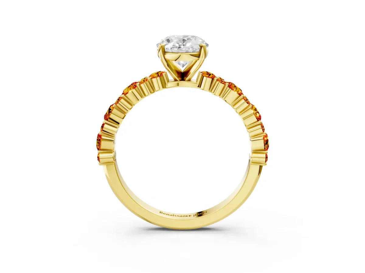 Oval Cut Diamond Side Stone Solitaire Ring with Round Citrine and Four-Prong Setting Yellow gold