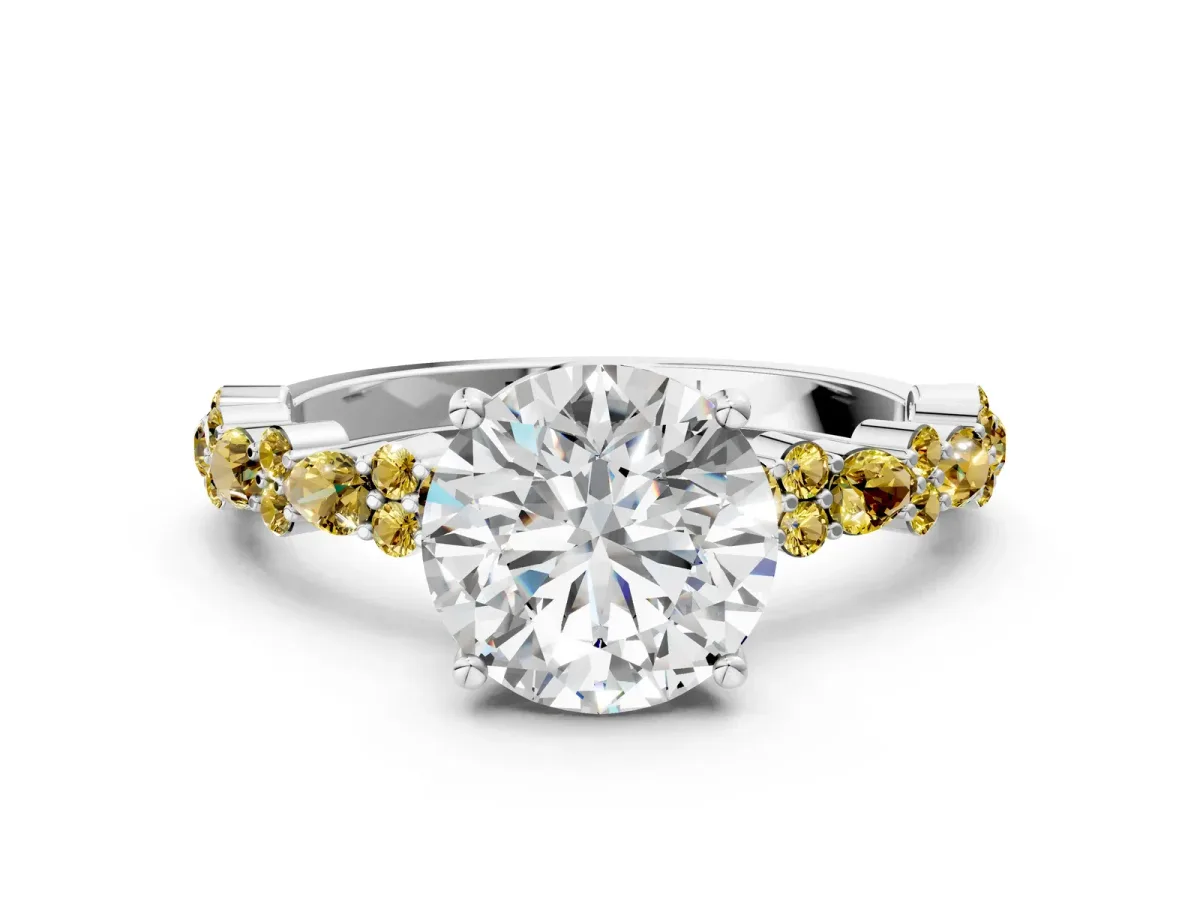 Round Cut Diamond Side Stone Solitaire Ring with Round Yellow Sapphire and Four-Prong Setting Silver