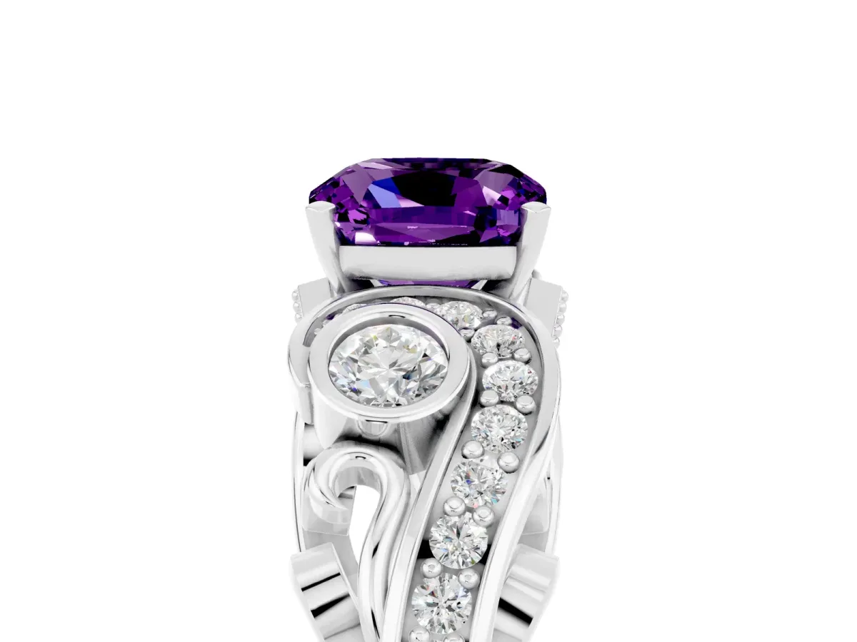 Cushion Cut Amethyst Solitaire Ring with Milgrain Pavé Band and Four-Prong Setting Silver