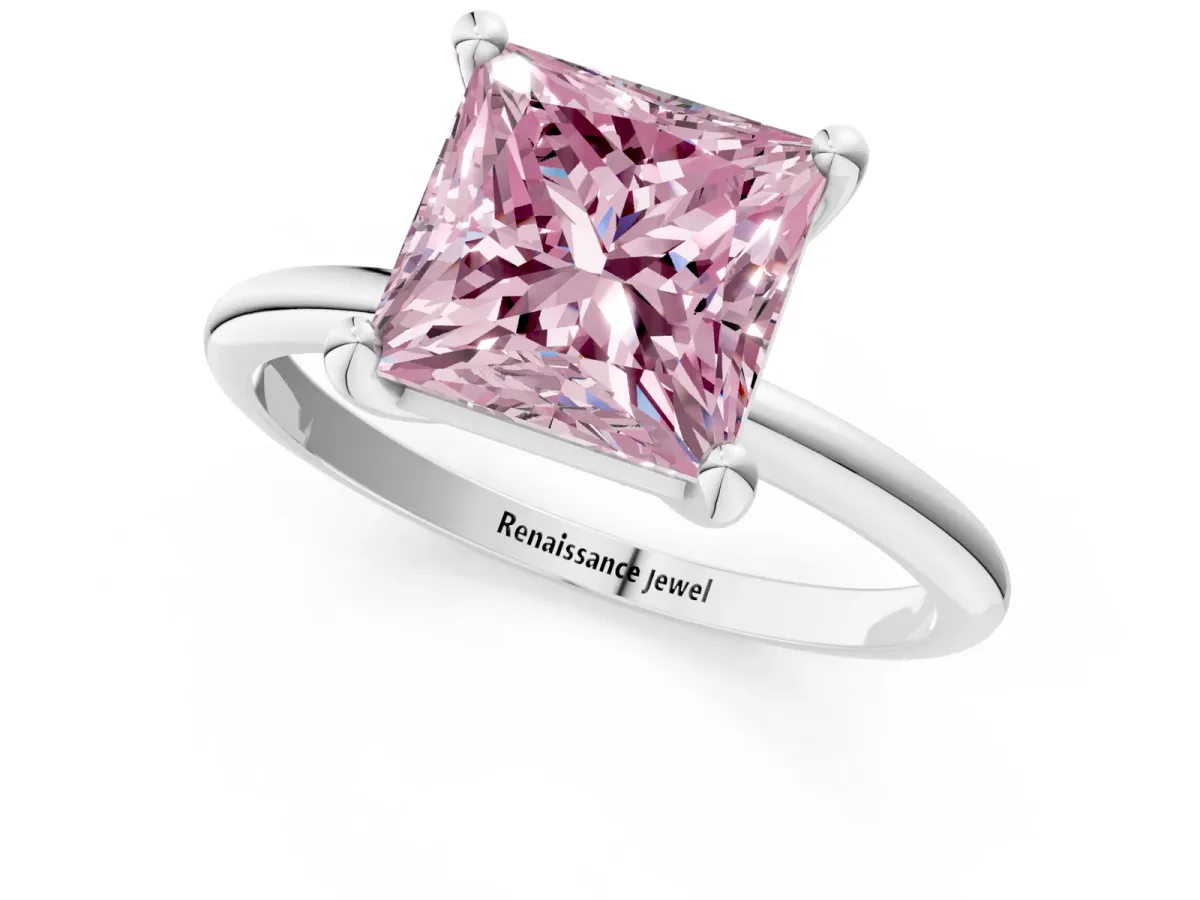 Fancy Pink Princess Cut Solitaire Diamond Ring with 4-Prong Setting on a Classic Band Silver