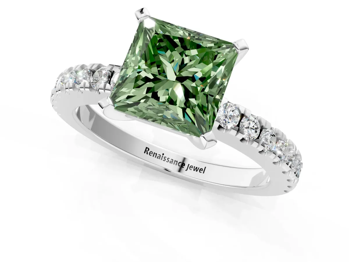Fancy Green Princess Cut Solitaire Diamond with Pavé Band and Four-Prong Setting Silver