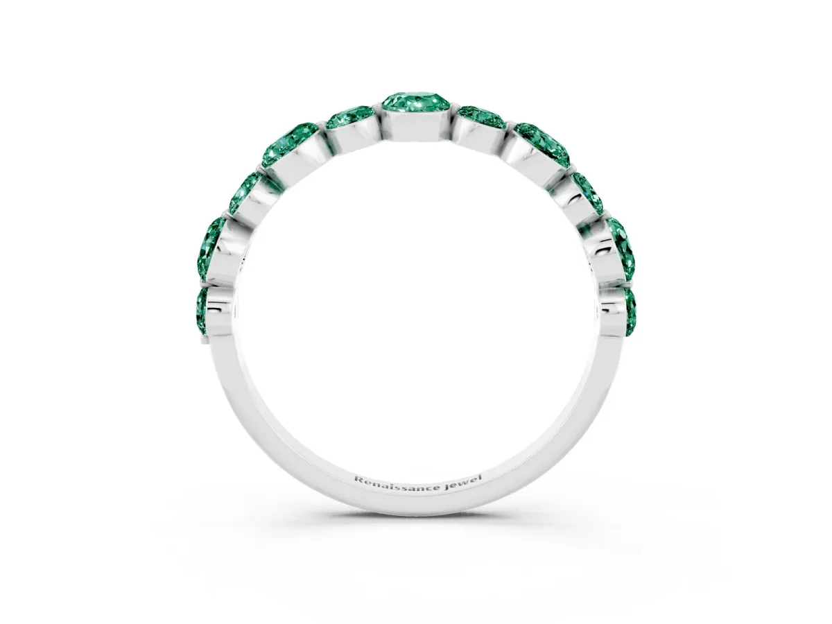 Round Green Sapphire Scalloped Prong Set Eternity Band Silver