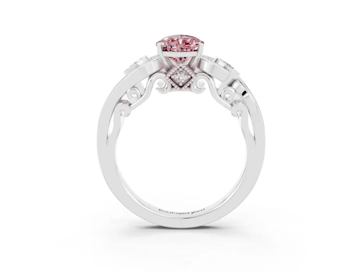 Pear Cut Morganite Solitaire Ring with Milgrain Pavé Band and Four-Prong Setting Silver