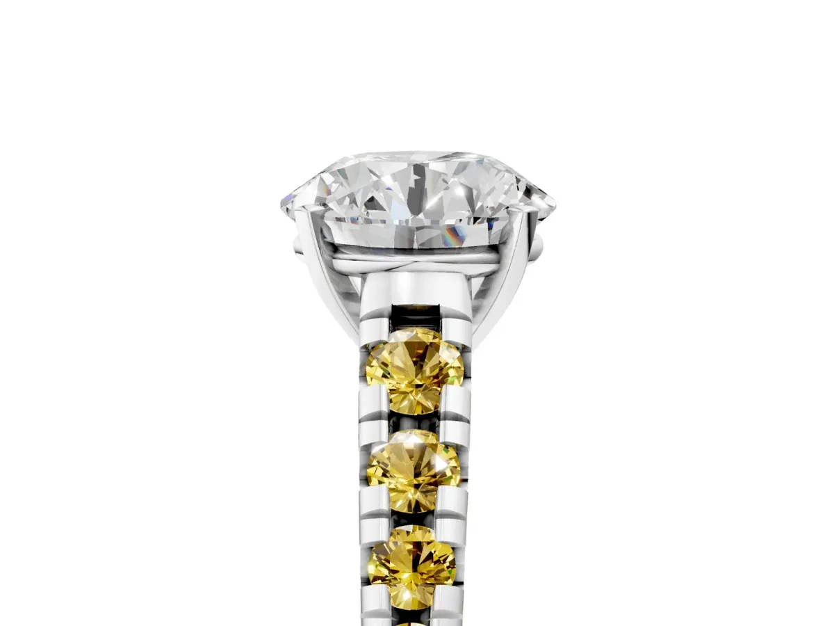 Round Cut Diamond Cathedral Solitaire Ring with Round Yellow Sapphire Pavé Band Silver