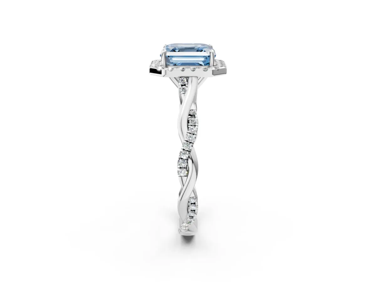 Fancy Blue Asscher Cut Halo Twist Band Solitaire Ring Platinum