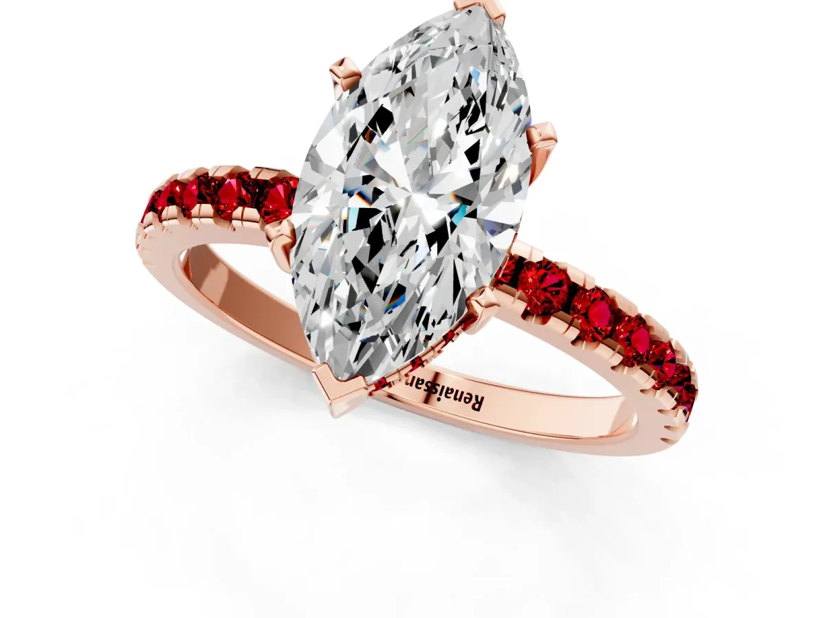Marquise Cut Diamond Solitaire Ring with Round Ruby Pavé Band and Four-Prong Setting Rose gold