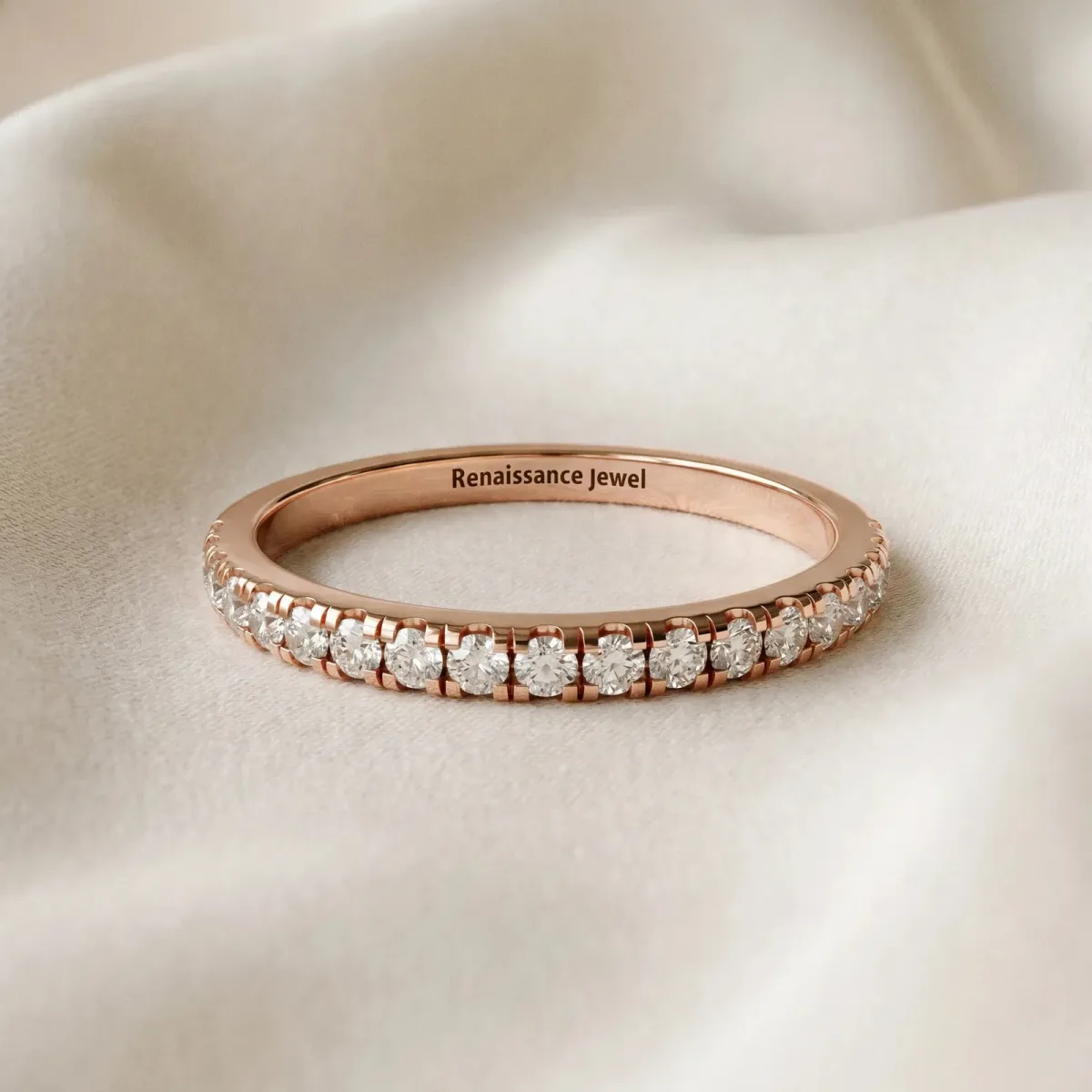 Pavé Round Diamond Half Eternity Band with Shared Prong Setting Rose gold