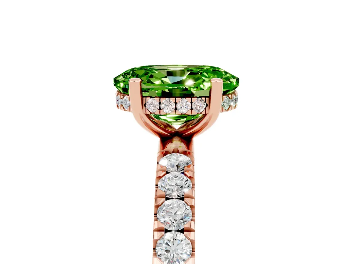 Oval Cut Peridot Pave Band Solitaire Ring with Round and Prong Setting Rose gold