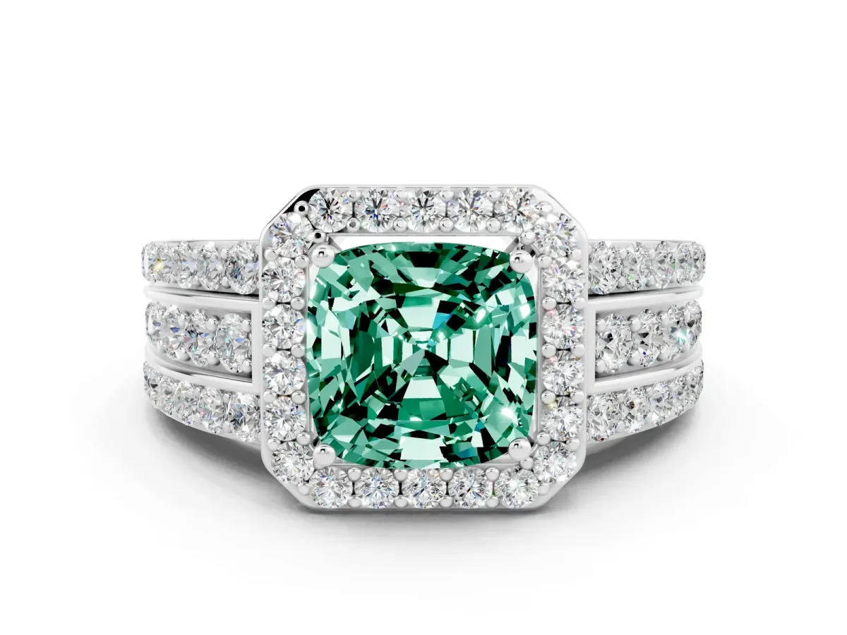 Cushion Cut Halo Green Sapphire Ring with Round Split Shank and Prong Setting Silver