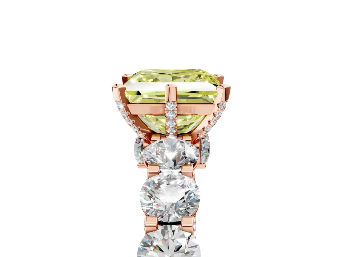 Fancy Yellow Princess Cut Diamond Side Stone Engagement Ring with Four-Prong Setting Rose gold