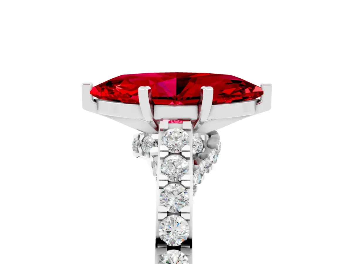 Marquise Cut Ruby Solitaire Ring with Crossover Gallery and Round Pavé Band Platinum