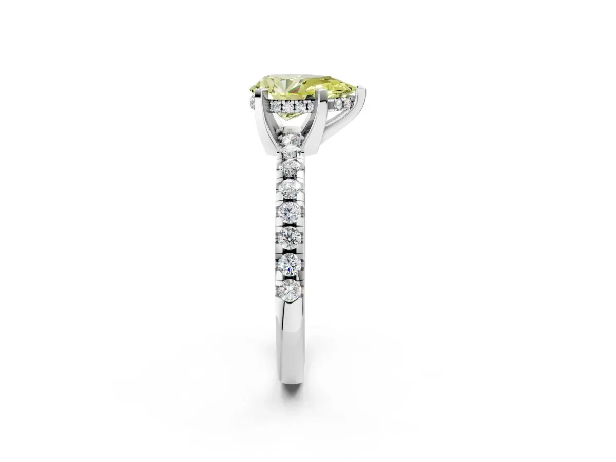 Fancy Yellow Pear Cut Diamond Solitaire Ring with Round Pavé Band and Four-Prong Setting Silver