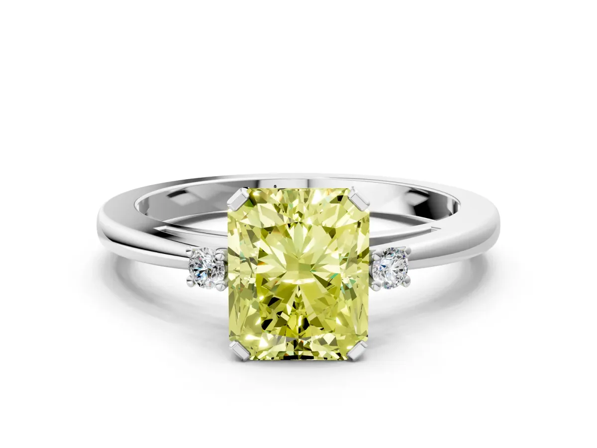 Fancy Yellow Radiant Cut Cut Three-Stone Solitaire Ring with Round Accent Diamonds and Four-Prong Setting Platinum
