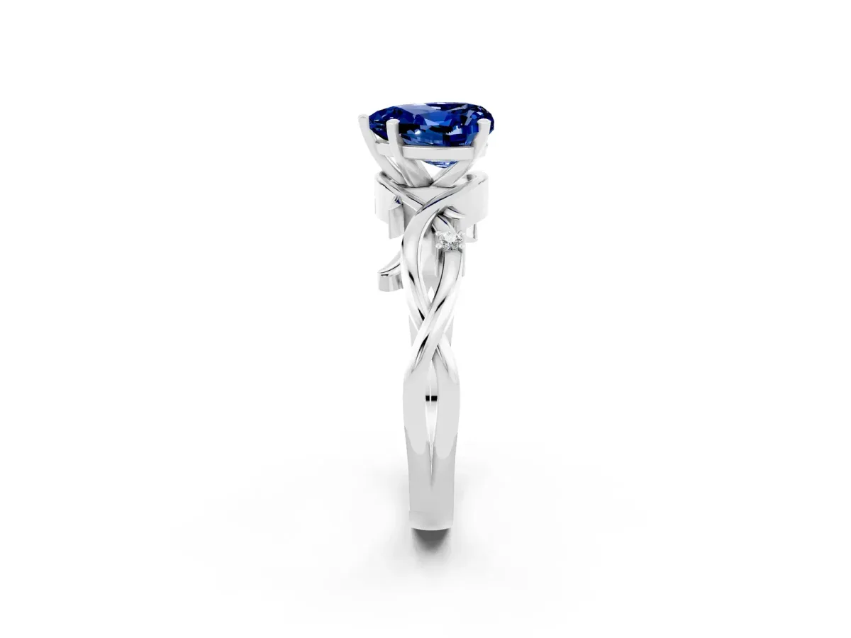 Heart Cut Blue Sapphire Solitaire Ring with Twisted Band and Prong Setting Silver