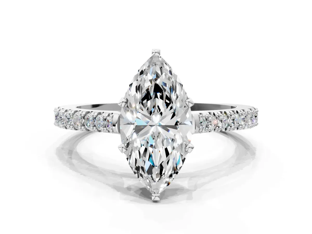 Marquise Cut Cut Solitaire Diamond Engagement Ring with Pave Band and Four-Prong Setting Silver
