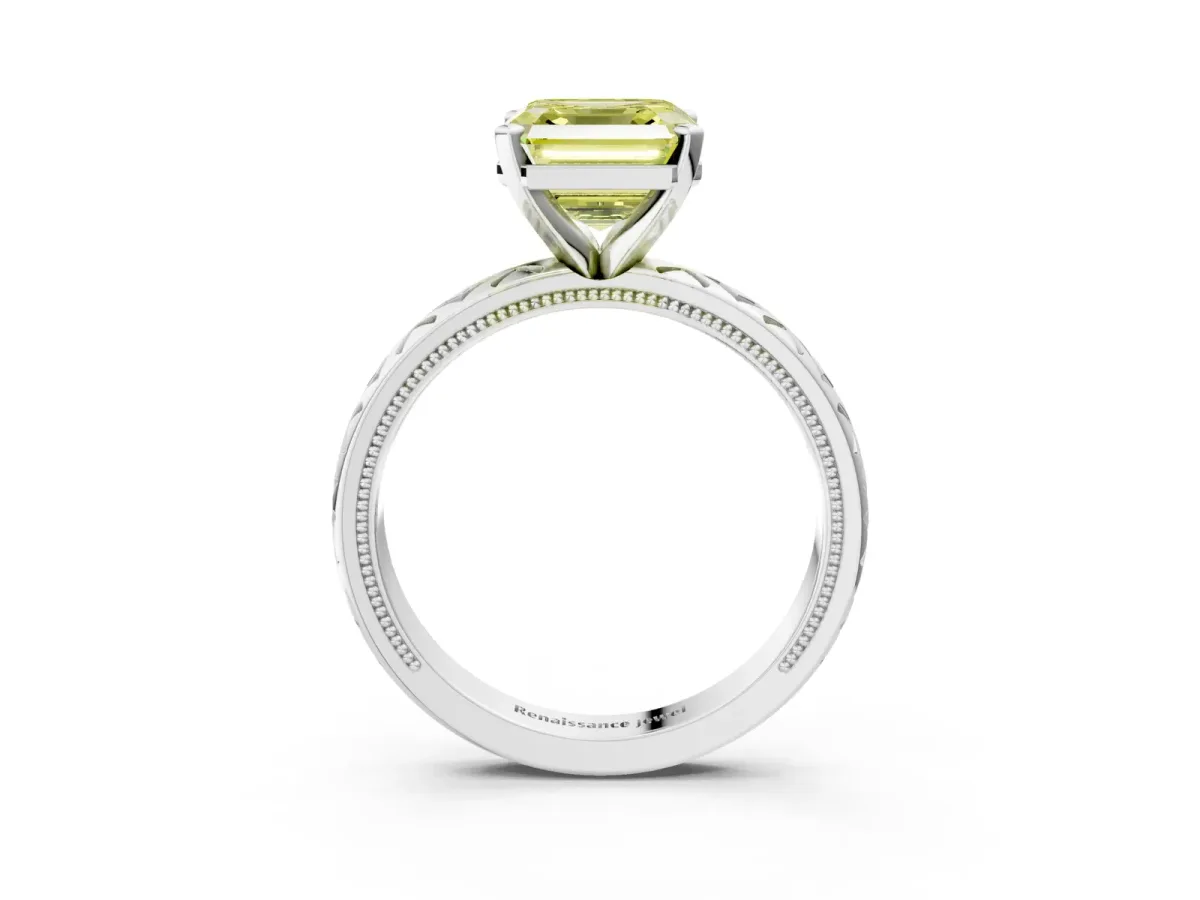 Fancy Yellow Asscher Cut Solitaire Diamond Ring with Milgrain and Black Enamel X Pattern Band Platinum