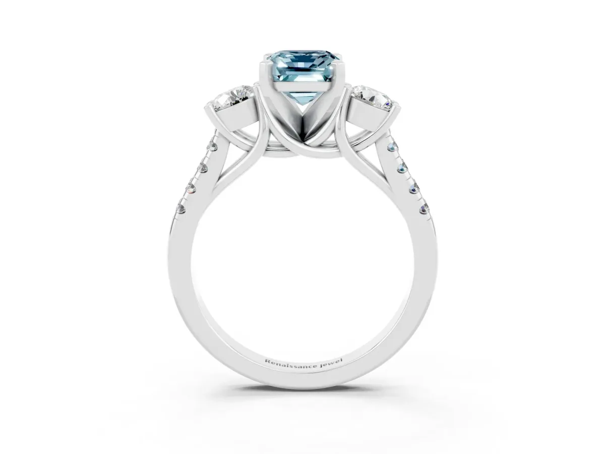 Three-Stone Emerald Cut Aquamarine Pavé Band with Four-Prong Setting Silver