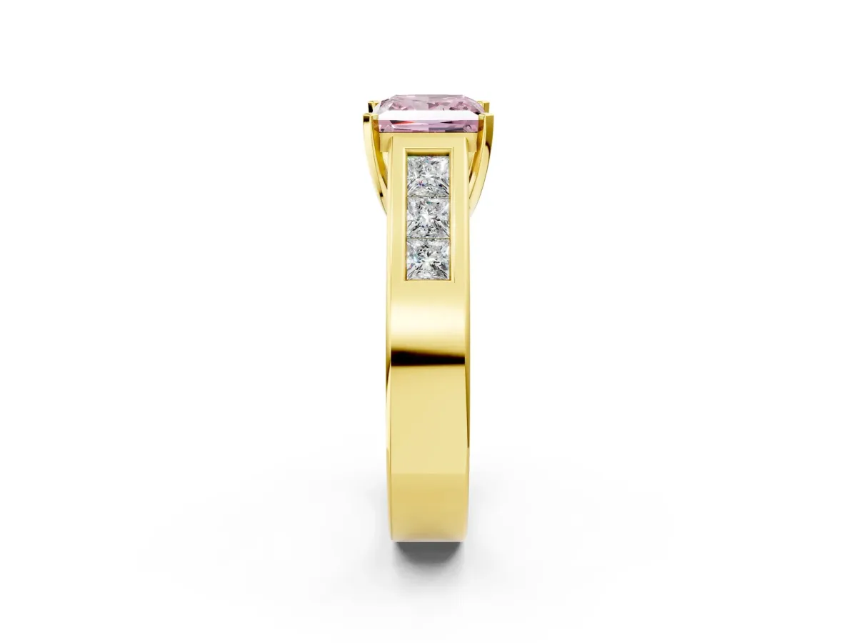 Fancy Pink Princess Cut Cut Channel Set Solitaire Ring with Four-Prong Setting Yellow gold