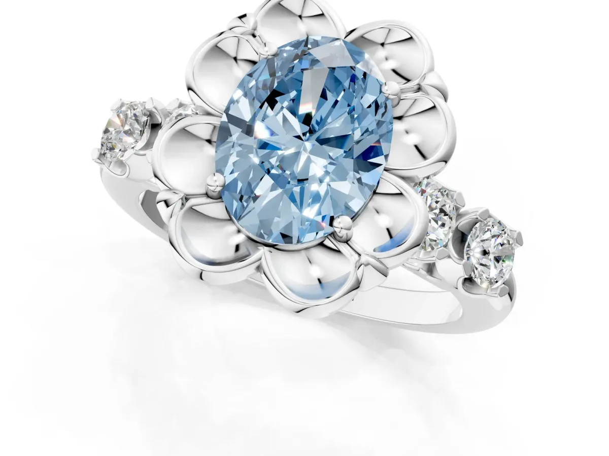 Fancy Blue Oval Cut Cut Diamond Floral Halo Engagement Ring with Shared Prong Setting Platinum