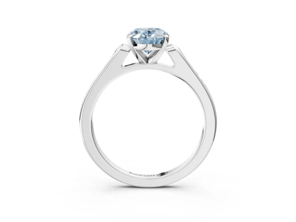 Fancy Blue Oval Cut Diamond Solitaire Ring with Channel Set Round Band and Prong Setting Silver