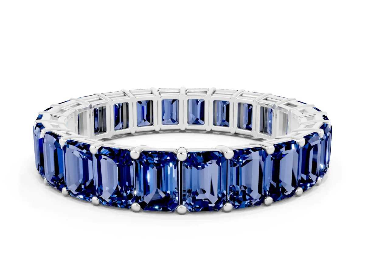 Emerald Cut Blue Sapphire Eternity Band with Shared Prong Setting White gold