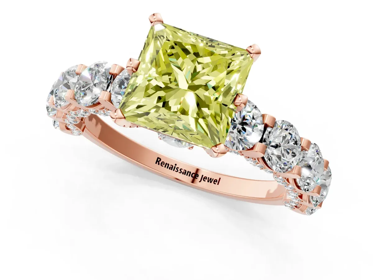 Fancy Yellow Princess Cut Diamond Side Stone Engagement Ring with Four-Prong Setting Rose gold