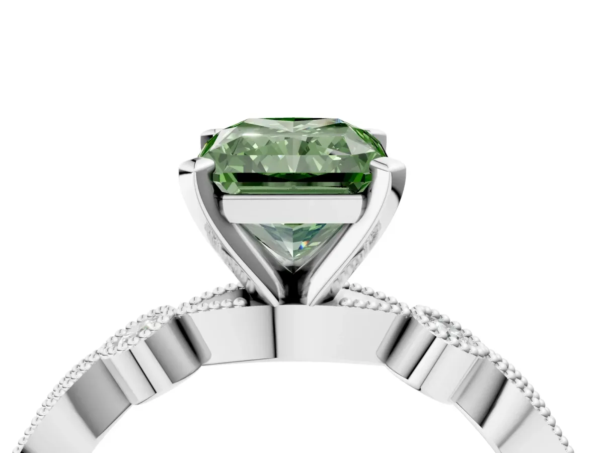 Fancy Green Radiant Cut Milgrain Bezel Diamond Engagement Ring with Solitaire Prong Setting Platinum