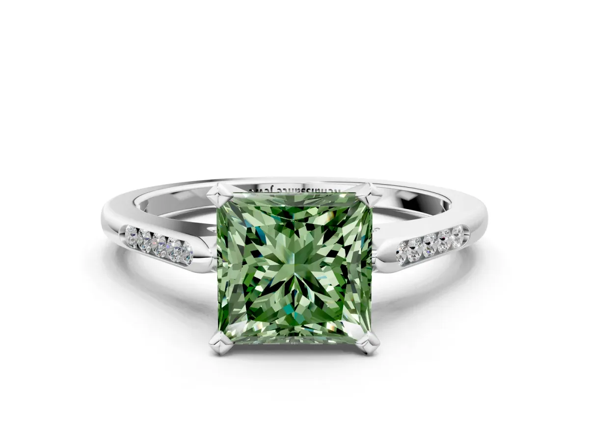 Fancy Green Princess Cut Diamond Solitaire Ring with Channel Set Round Band and Prong Setting Silver