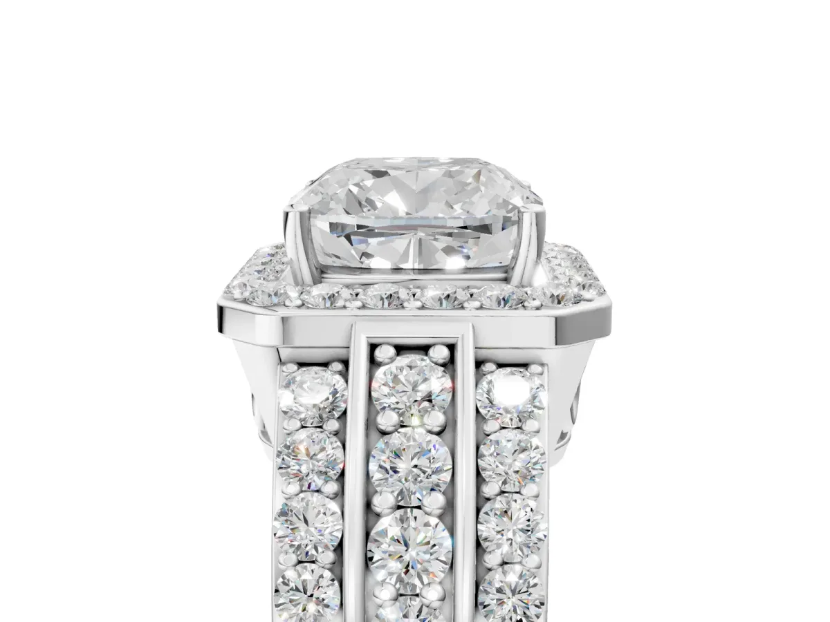 Cushion Cut Halo Diamond Ring with Round Split Shank and Prong Setting Platinum