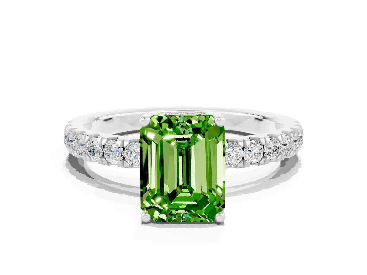 Emerald Cut Peridot Pave Band Solitaire Ring with Round and Prong Setting Platinum