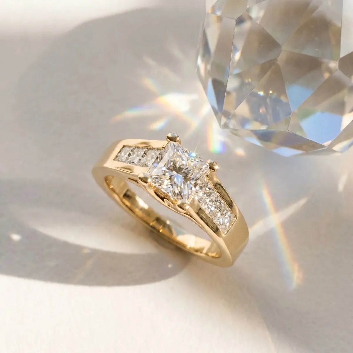 Radiant Cut Cut Channel Set Solitaire Ring with Four-Prong Setting Yellow gold